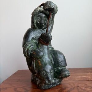 Vintage Soap Stone Large Indigenous Inuit Seal Hunter Carving by Wolf Sculpture
